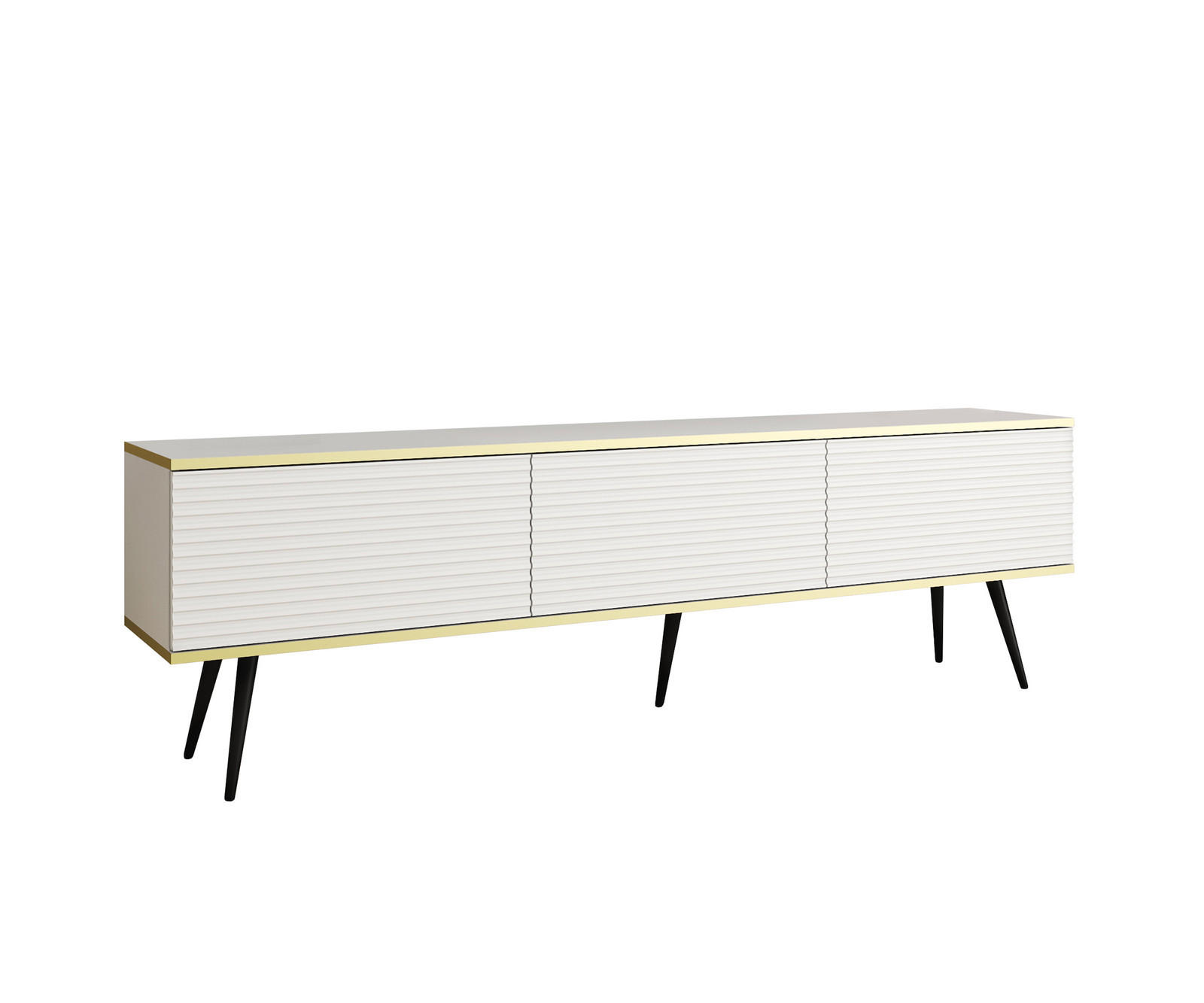 TV-BOARD FORNO (Weiß, Rillenfront, Goldene Details, 3 Klapptüren, schwarze Metallfüße, 175 cm) - Schwarz/Weiß, Holz/Holzwerkstoff (175/53/32cm) - Ravio