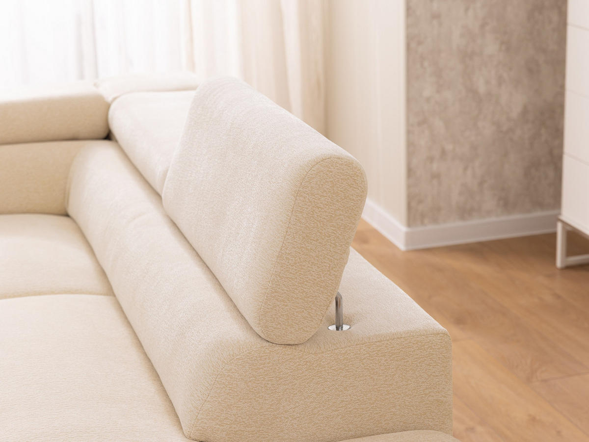 ECKSOFA mit Schlaffunktion und Bettkasten Bonnie aus Creme Chenille-Stoff mit verstellbaren Kopfstützen und Armlehne - Ottomane rechts - Creme/Schwarz, Holz/Textil (275/210cm) - S-Style Möbel