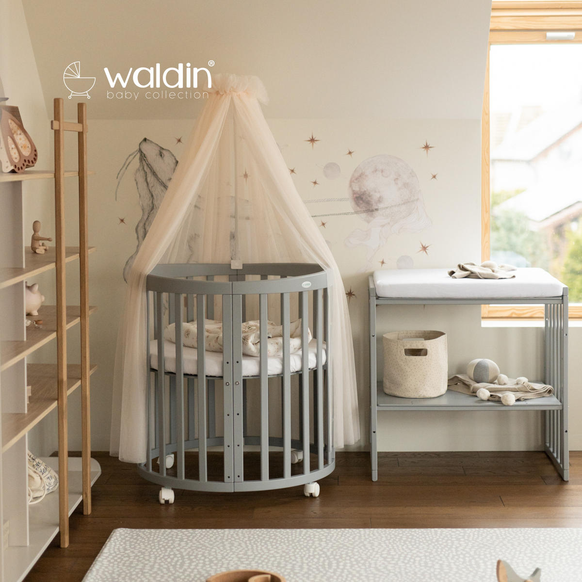 BABYBETT GREY OVAL 7in1 mit Matratze und Himmelset - Champagner/Grau, Holz/Textil