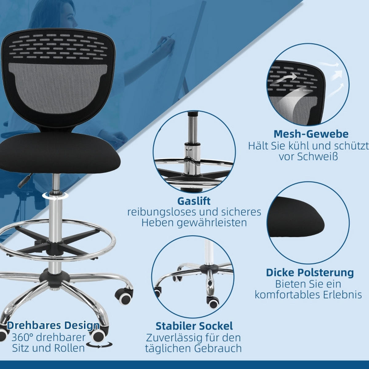 BÜROSTUHL, höhenverstellbarer Sitz 68–88 cm, gepolstert, 59/59/106–126 cm, schwarz - Schwarz, Kunststoff (59/126/59cm) - Redom