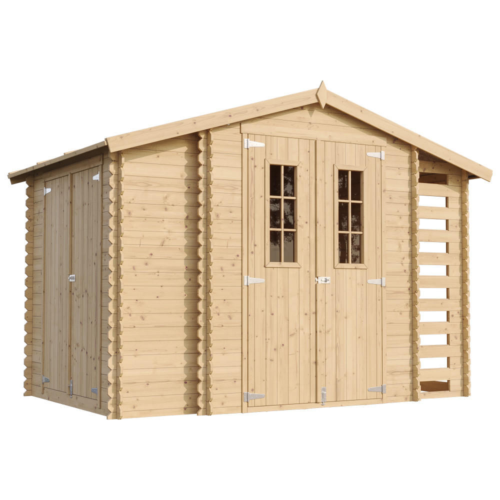 GARTENHAUS aus Holz mit Brennholzschuppen - imprägnierter Boden - 3,53 + 0,97 + 0,97 m2 - M389C+M389G - Beige, Holz (312/218/206cm) - Timbela