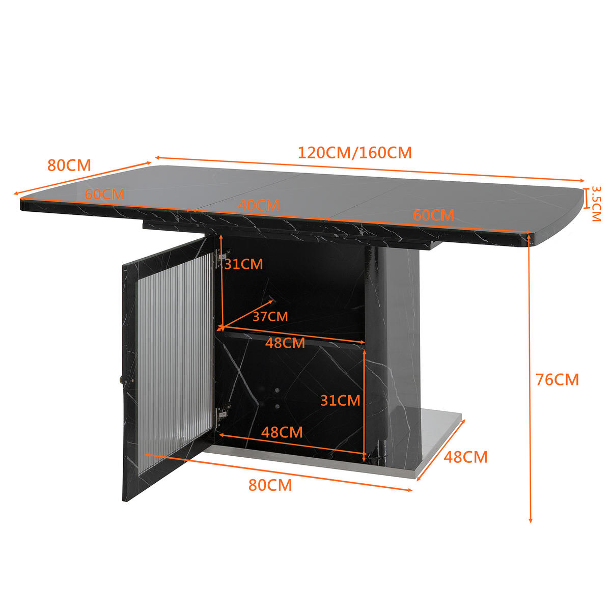 ESSTISCH 160/80/76 cm Schwarz mit MDF Tischplatte und Stahlbeinen aufbewahrungsfreundlich - Schwarz, Glas (160/80/76cm) - OKWISH