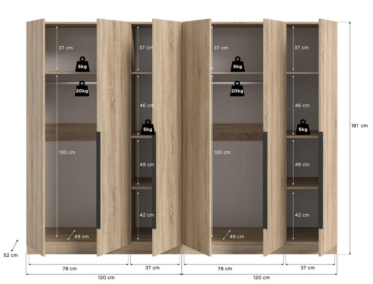 KLEIDERSCHRANK Eiche Sonoma 6-türig 240 x 181 cm, Drehtürenschrank mit Kleiderstange - Eichefarben/Schwarz, Holzwerkstoff/Kunststoff (240/181/52cm) - Inn.Furn