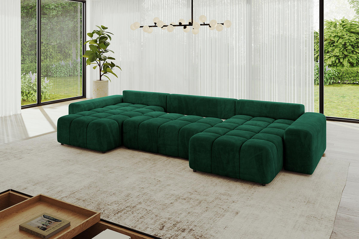 WOHNLANDSCHAFT ENIL-U 390x175x84 Dunkelgrün Velours - Dunkelgrün, Holzwerkstoff/Kunststoff (390/84/175cm) - ALTDECOR