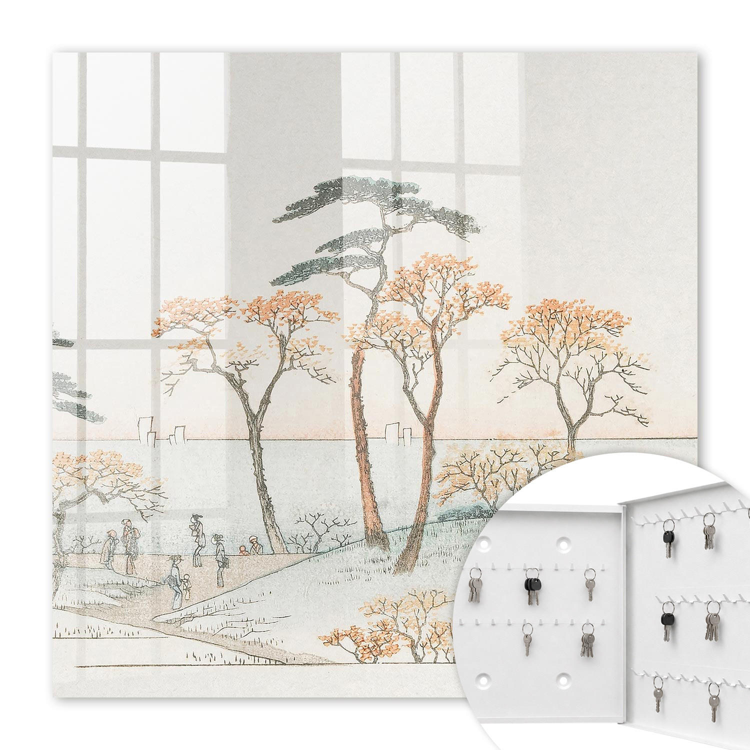 SCHLÜSSELBOX Weiß 30x30 cm – Türöffnung nach rechts - Japanische Landschaft - Beige, Metall (30/30/5cm) - TULUP