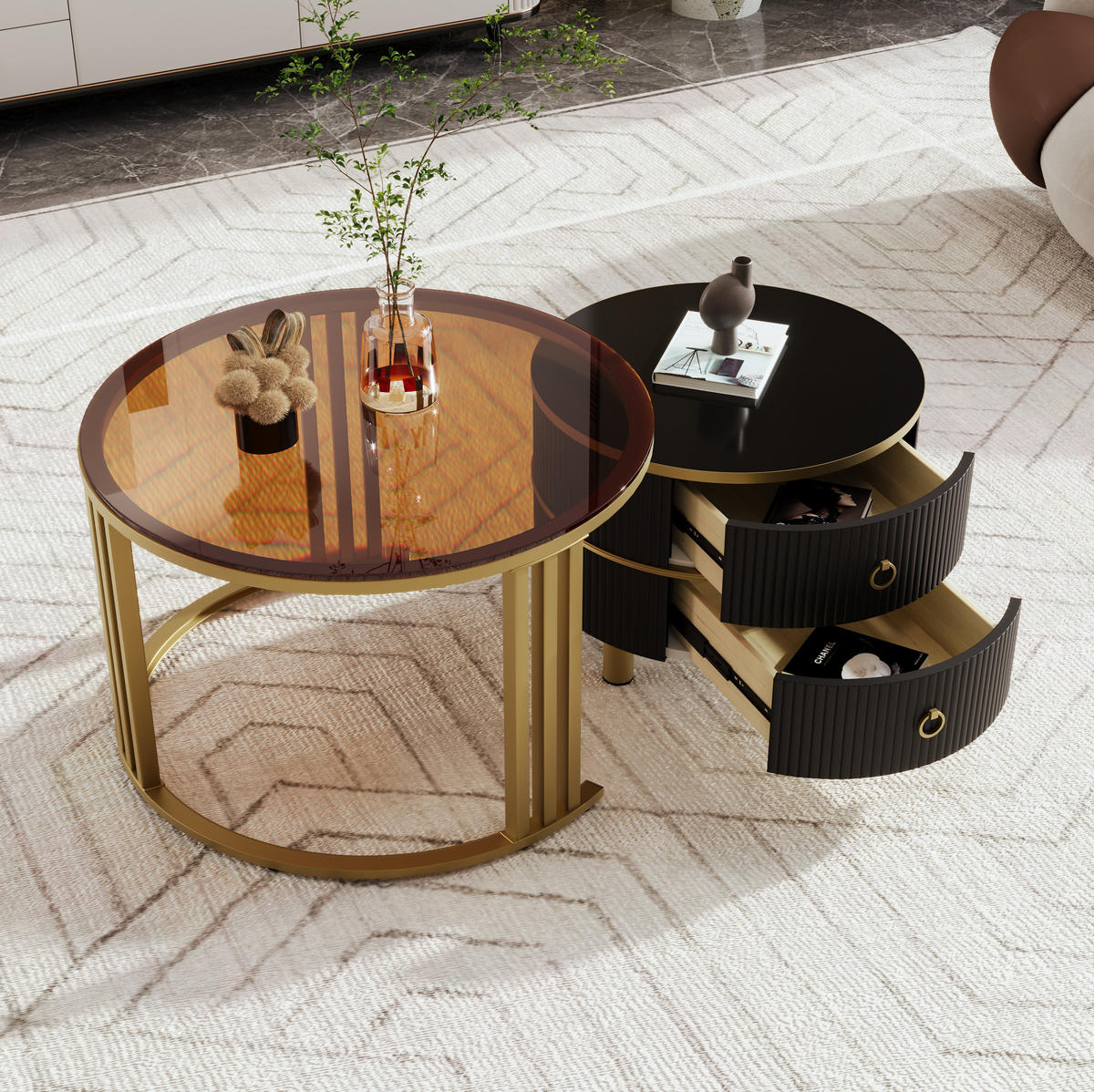 COUCHTISCH 70/50 cm schwarz aus Glas, MDF und Massivholz mit Schubladen - Schwarz, Holzwerkstoff (70/70/45cm) - OKMYHOME