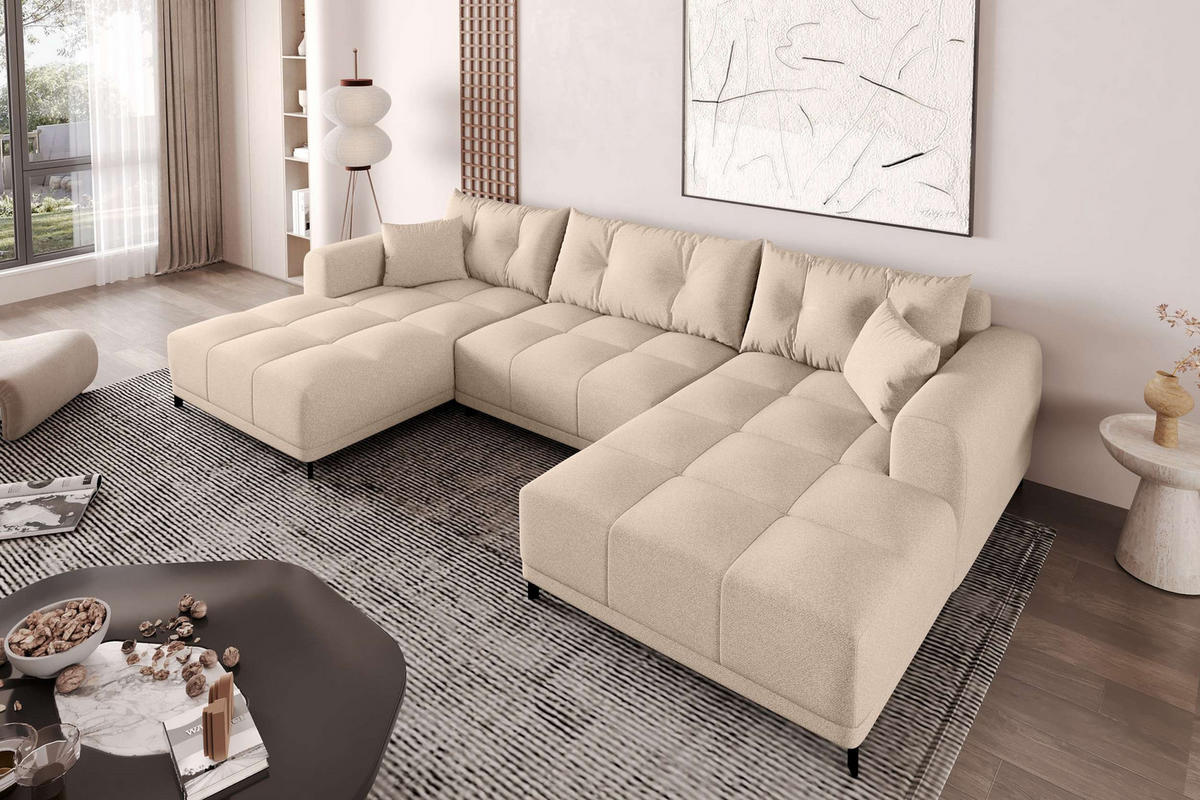 WOHNLANDSCHAFT Strukturstoff Beige inkl. Schlaffunktion - Beige/Schwarz, Textil/Metall (348/94/181cm) - 99rooms