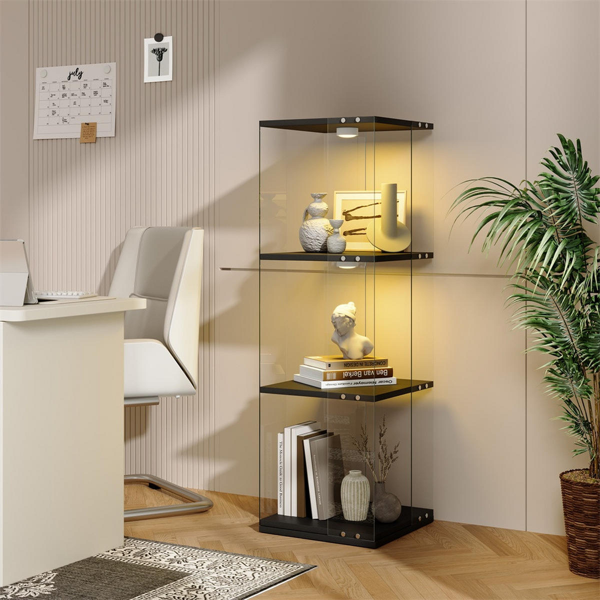 VITRINE mit LED Beleuchtung und Drehsockel - Drehbare Glaskvitrine mit 3 Ebenen - für Wohnzimmer und Büro - Schwarz - Schwarz, Glas (38/121/38cm) - DELFA