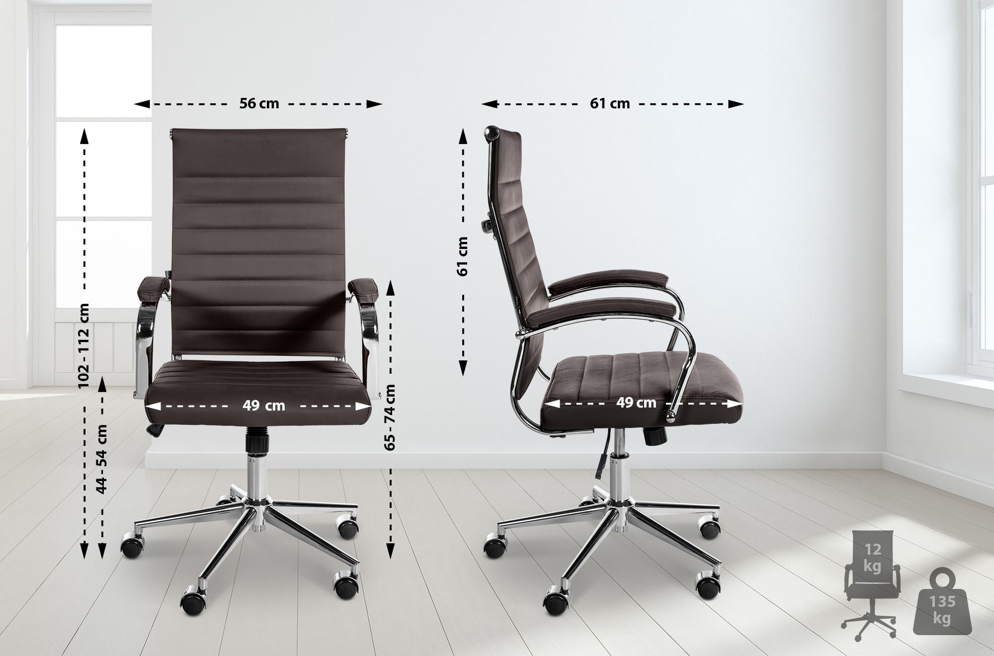 DREHSTUHL Echtleder coffee - Chromfarben/Braun, Leder/Metall (56/102/61cm) - CLP