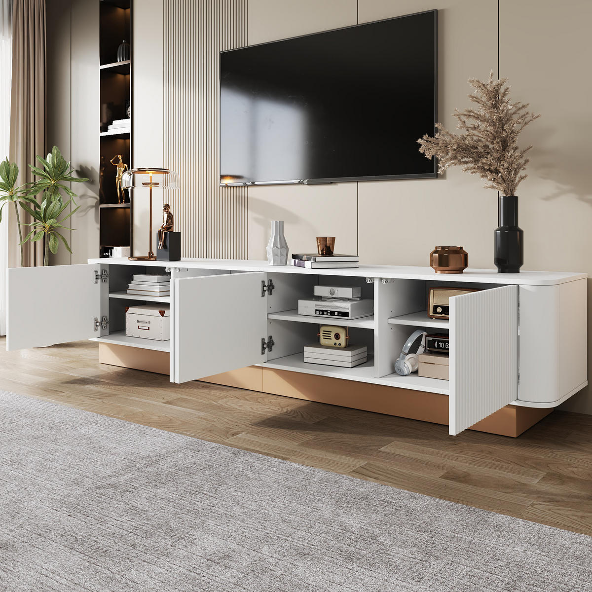 TV-LOWBOARD 200 cm geriffelt 4 Türen - Weiß, Holz (200/47.5/40cm) - LEBENLANG