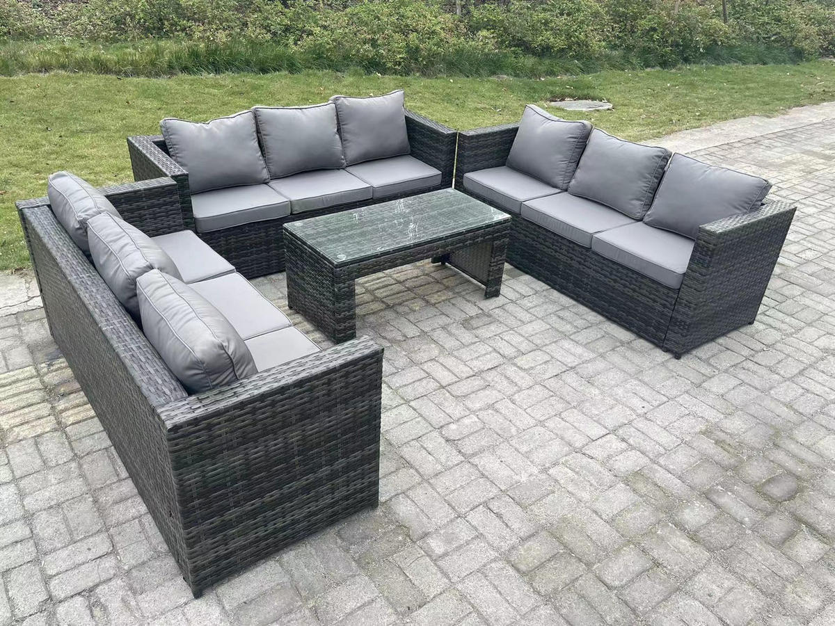 GARTENTISCHGRUPPE Polyrattan 9-Sitzer - Dunkelgrau/Grau, Glas/Kunststoff - Fimous
