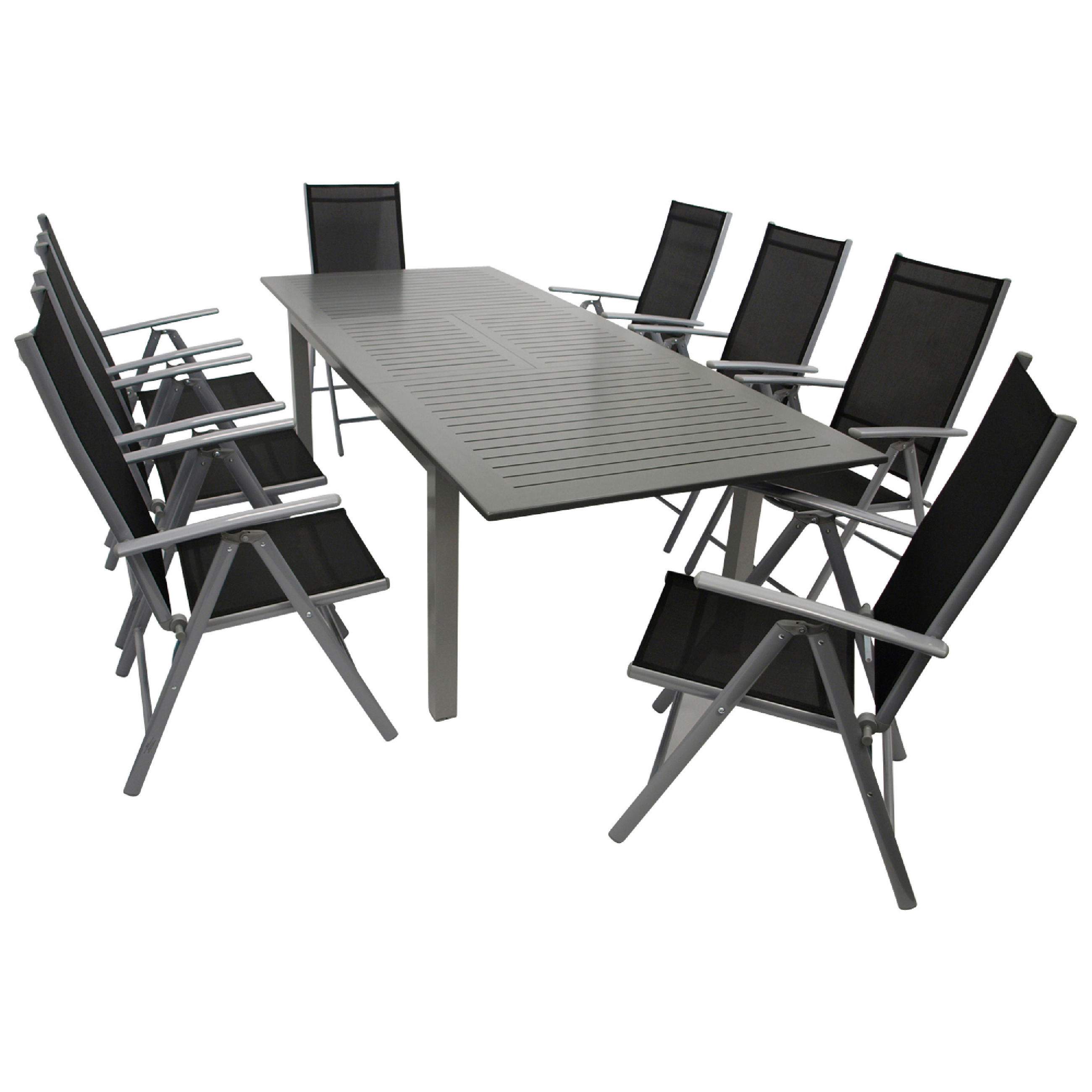 GARTEN-GARNITUR Ashford - 9-teilige Garten-Essgruppe (8x Klappsessel mit Aluminiumgestell grau, Bespannung Textilene schwarz - Schwarz, Metall - TPFGarden