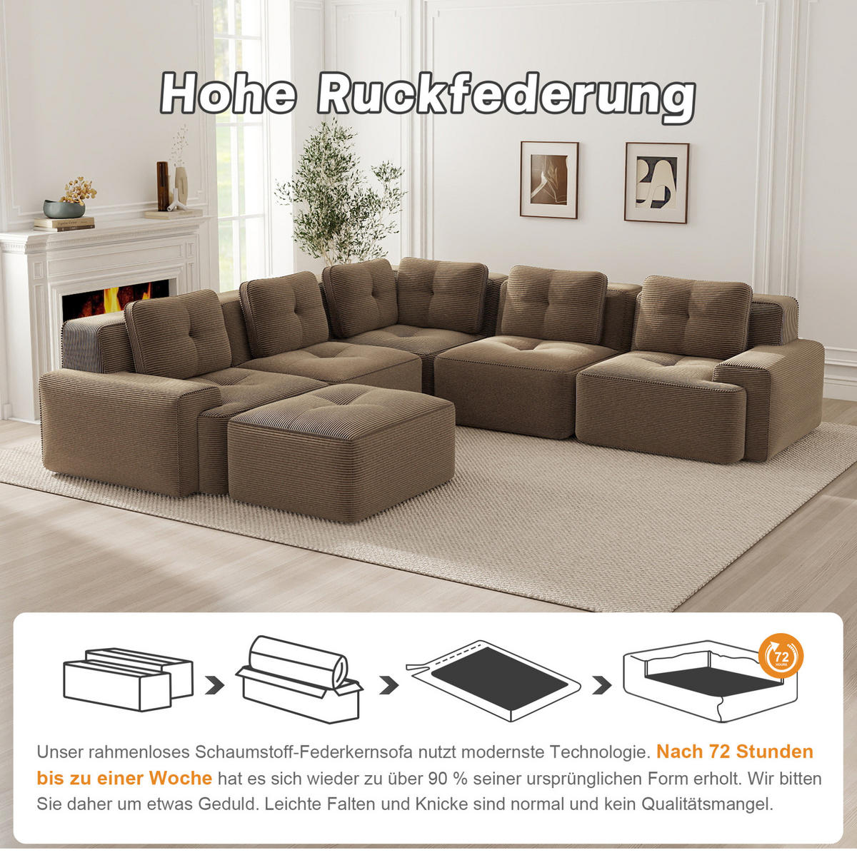 ECKSOFA 295/295/69 cm braun aus Cord mit rutschfestem Stand - Braun, Textil (295/295cm) - OKWISH