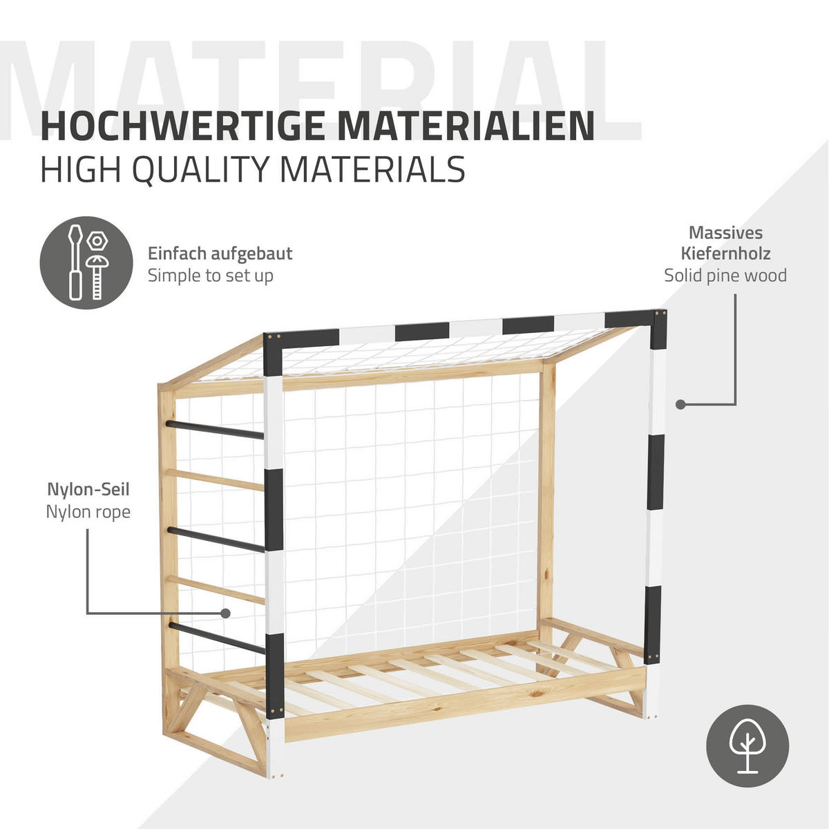 KINDERBETT Fußballtor 80x160 cm Schwarz-Weiß - Hellbraun, Holz (80/170cm) - ML-DESIGN