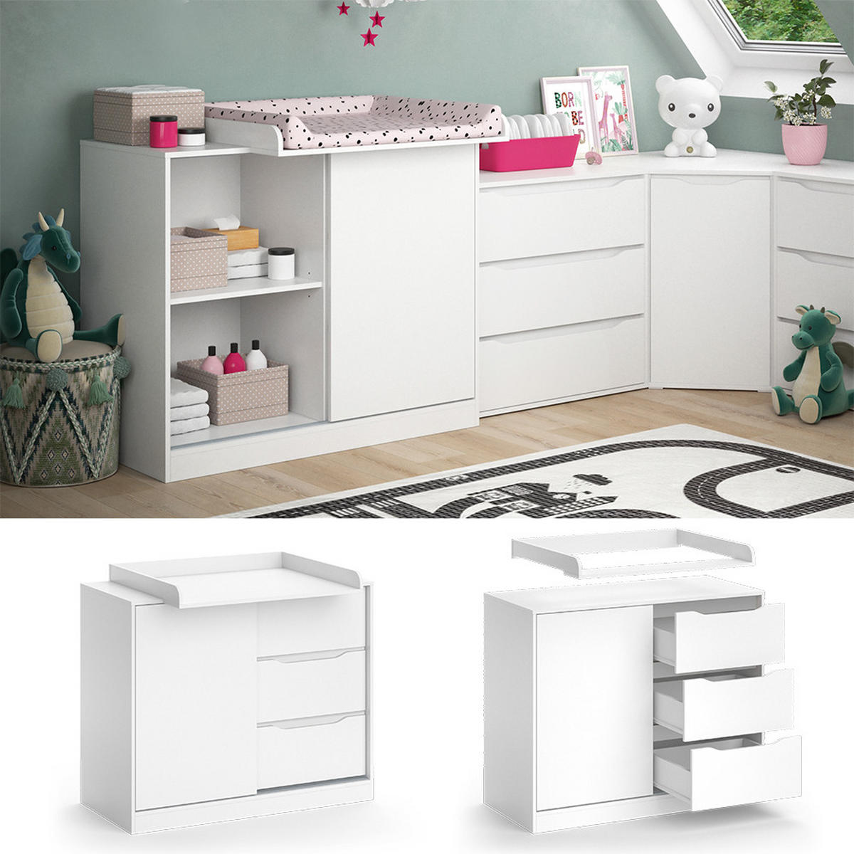 WICKELKOMMODE Ruben Weiß 113 x 93 cm mit Wickelaufsatz - Weiß, Holzwerkstoff (113/93/53cm) - Vicco