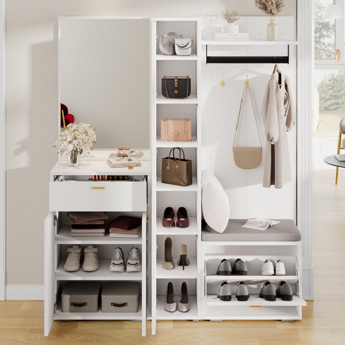 GARDEROBE Weiß Spiegel Bank 3 Türen Schuhregal 150x36x180cm - Weiß, Holzwerkstoff (150/180/36cm) - FLIEKS