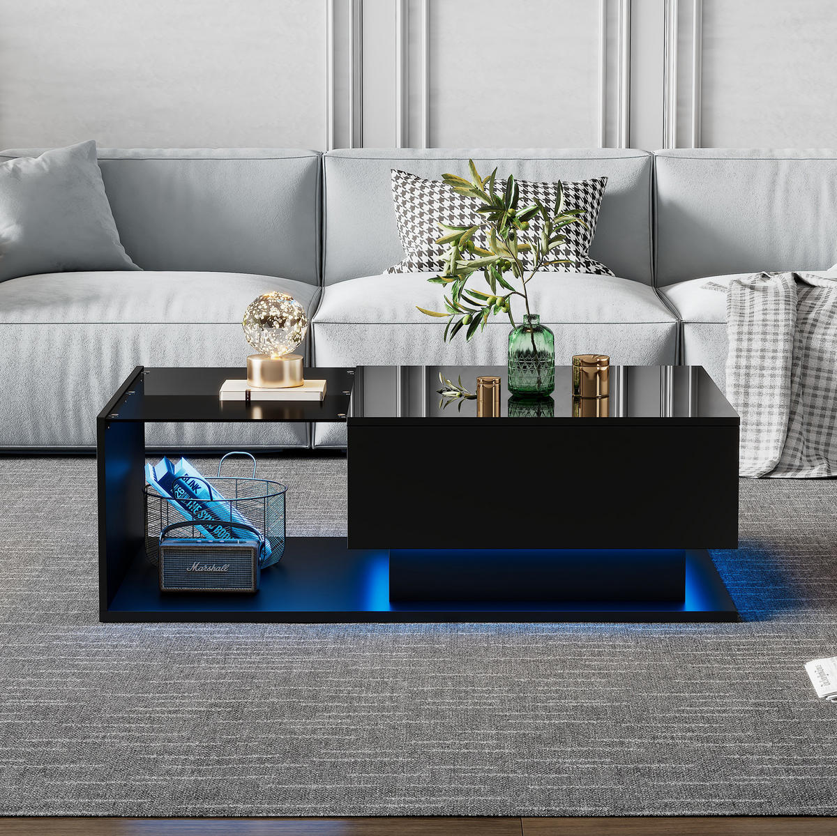 COUCHTISCH 100/50/32 cm Schwarz aus Spanplatte mit Glas, Schublade und LED-Beleuchtung - Schwarz, Holzwerkstoff (100/50/32cm) - OKMYHOME