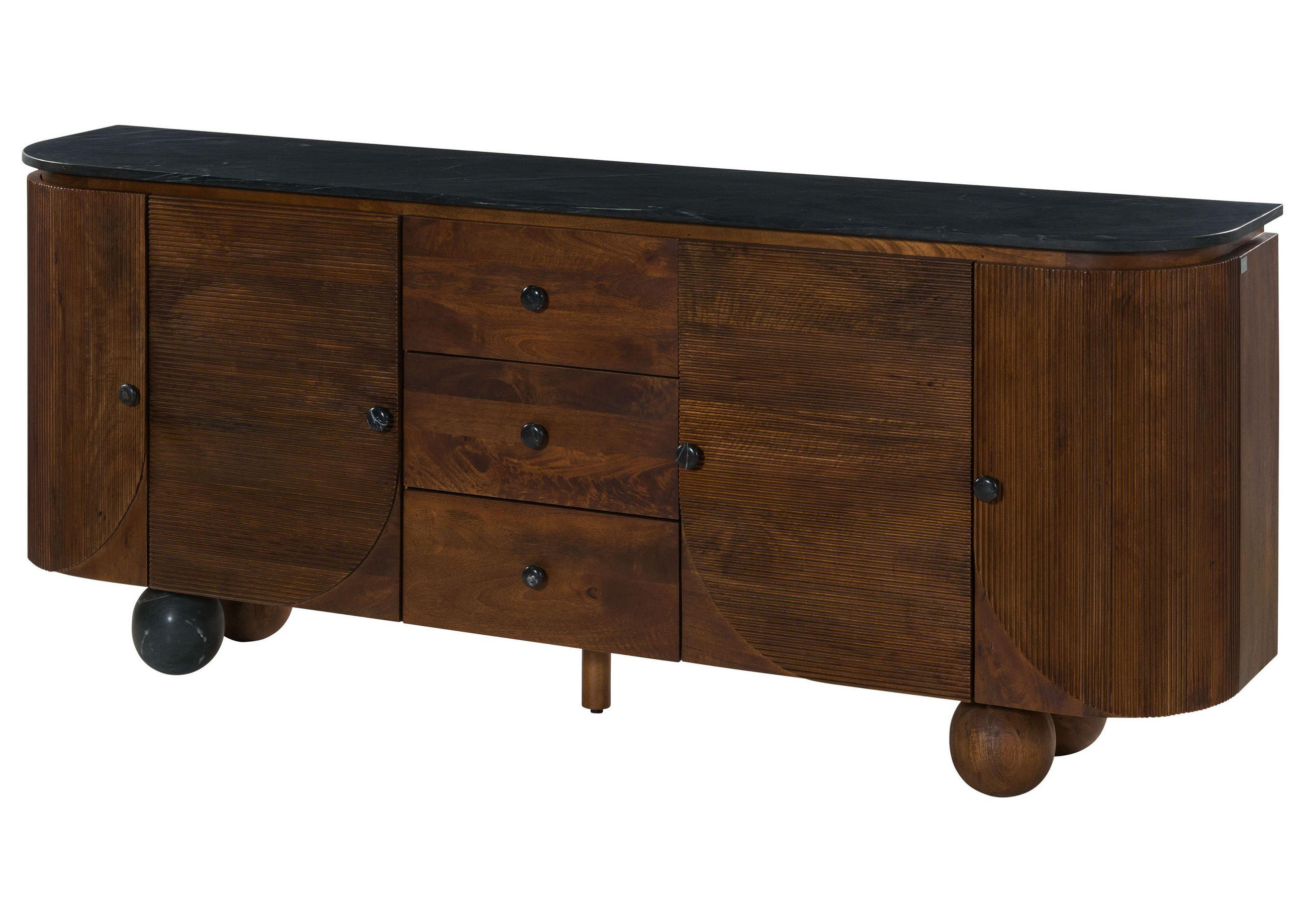 SIDEBOARD Mango 200x40x80 dunkelbraun lackiert / Marmor schwarz FLORENZ #222 - Dunkelbraun, Holz (200/80/40cm) - Massivmoebel24