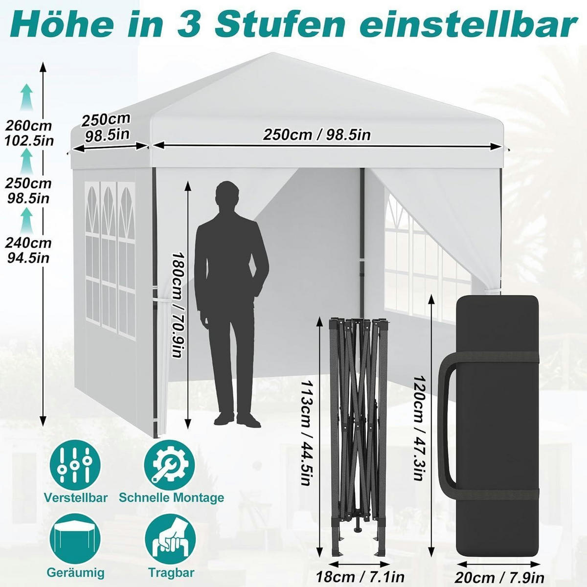 FALTPAVILLON 2,5 x 2,5 m mit One-Touch Lift und Seitenwänden Weiß - Weiß, Textil (250/260/250cm)
