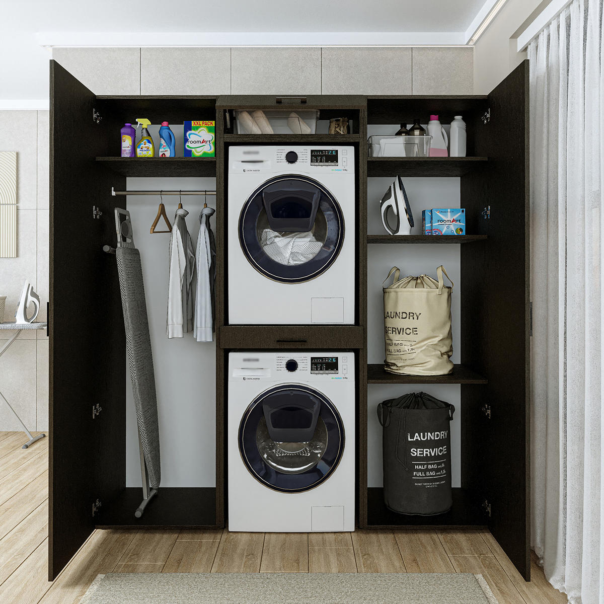 WASCHMASCHINENSCHRANK DUO-I 187cm Breit, 205cm Hoch - Schwarz, Holzwerkstoff (187/205/67cm)