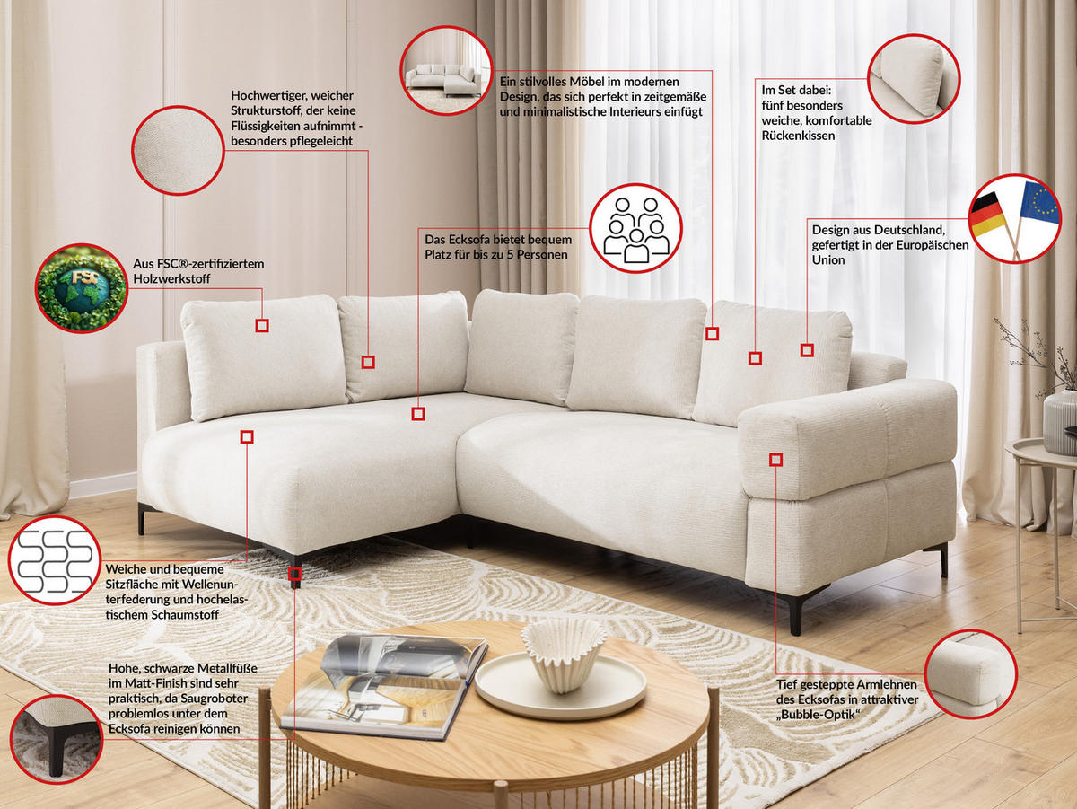 ECKSOFA Cardea in Bubble-Optik aus weichem Creme Strukturstoff mit hohem Sitzkomfort - Ottomane links - Creme/Schwarz, Holz/Textil (170/230cm) - S-Style Möbel