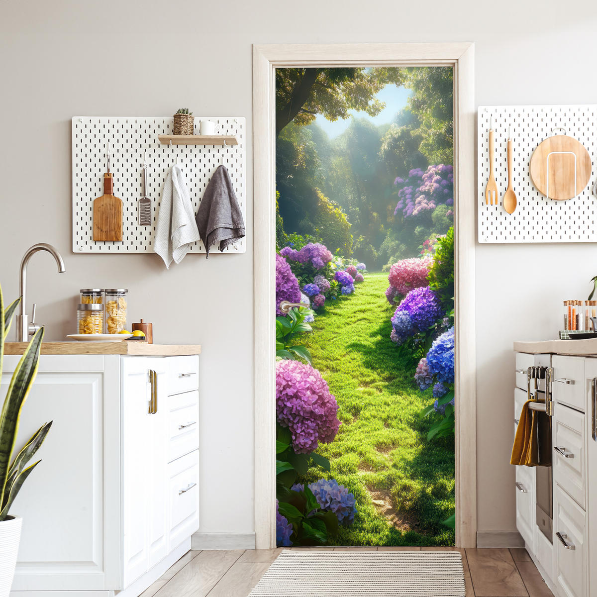 TÜRAUFKLEBER Natur - Hortensie - Blumen - Grün 85x215 cm - Türtapete - Hellgrün, Kunststoff (85/0.1cm) - MuchoWow