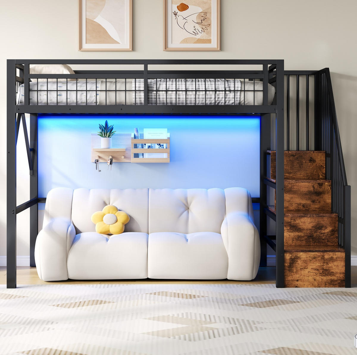 HOCHBETT 90/200 cm aus Metall in Schwarz – mit LED-Lichtleiste und Stauraumtreppe - Schwarz, Metall (90/200cm) - BEAOK