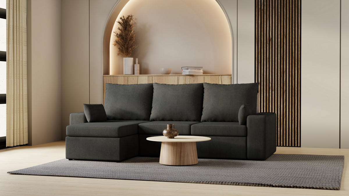 ECKSOFA Paco mit Bettkasten und Schlaffunktion, L-Form/XL-Form, Velourstoff, Universal - Graphitfarben, Holzwerkstoff (246/145cm) - 4ALL HOME