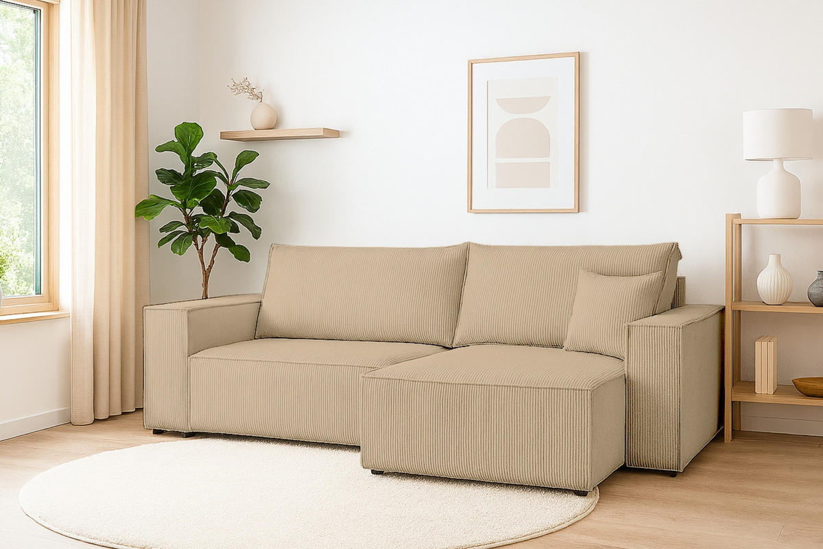 ECKSOFA MATT 255/153 cm rechts in Cord Beige - Beige/Schwarz, Holz/Holzwerkstoff (255/153cm) - Deine Möbel 24