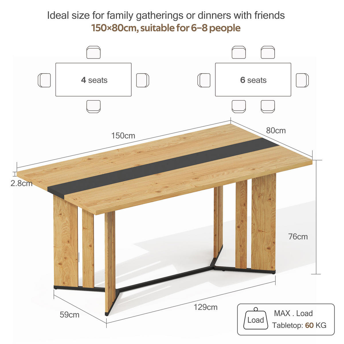 ESSTISCH 150x80x76 cm in skandinavischer Eiche aus MDF auf schwarzem Metallrahmen - Naturfarben, Holzwerkstoff (150/80/76cm) - Modfu