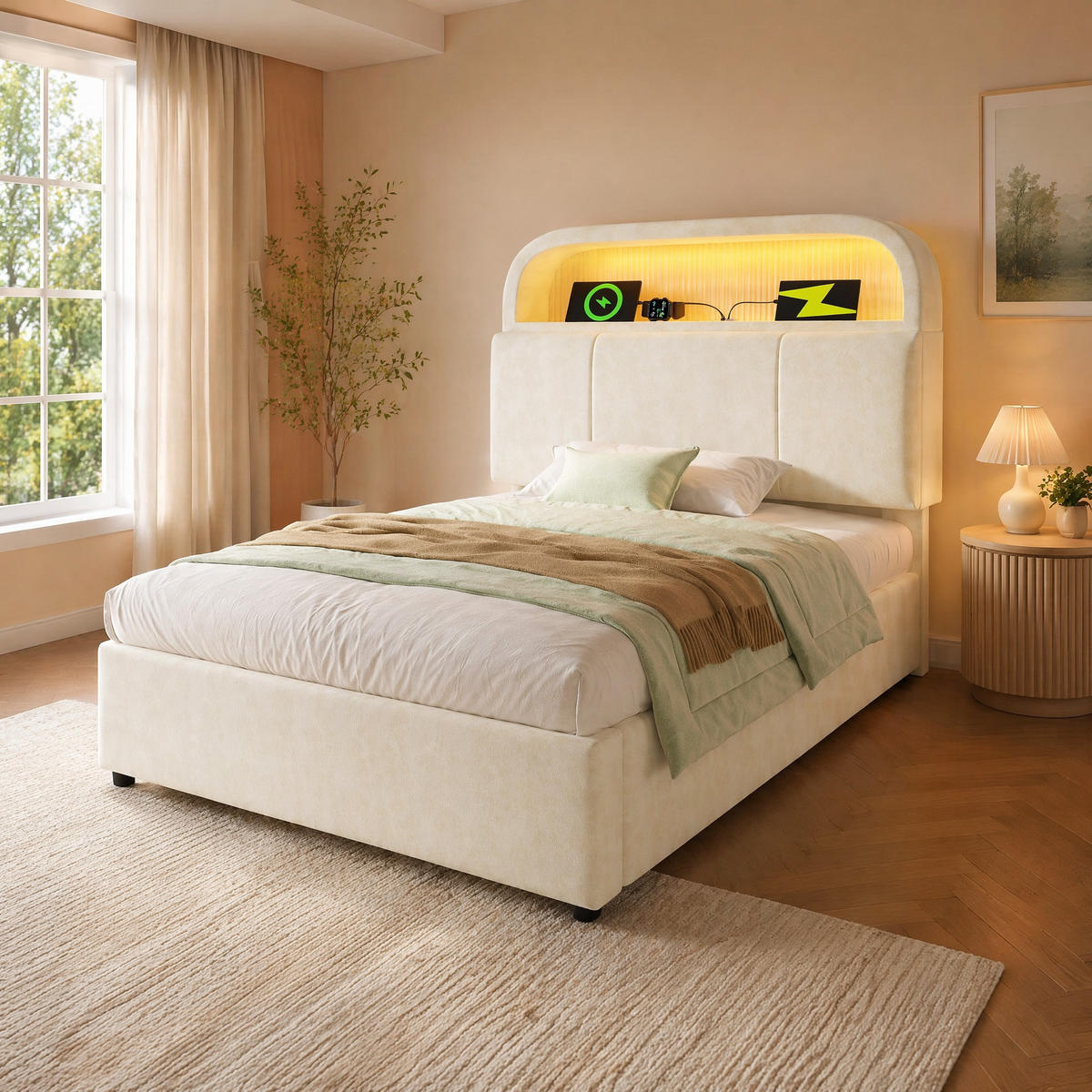 POLSTERBETT 90/200 mit Bettkasten, LED und USB in Beige - Beige, Holzwerkstoff/Textil (90/200cm) - EVRYAE