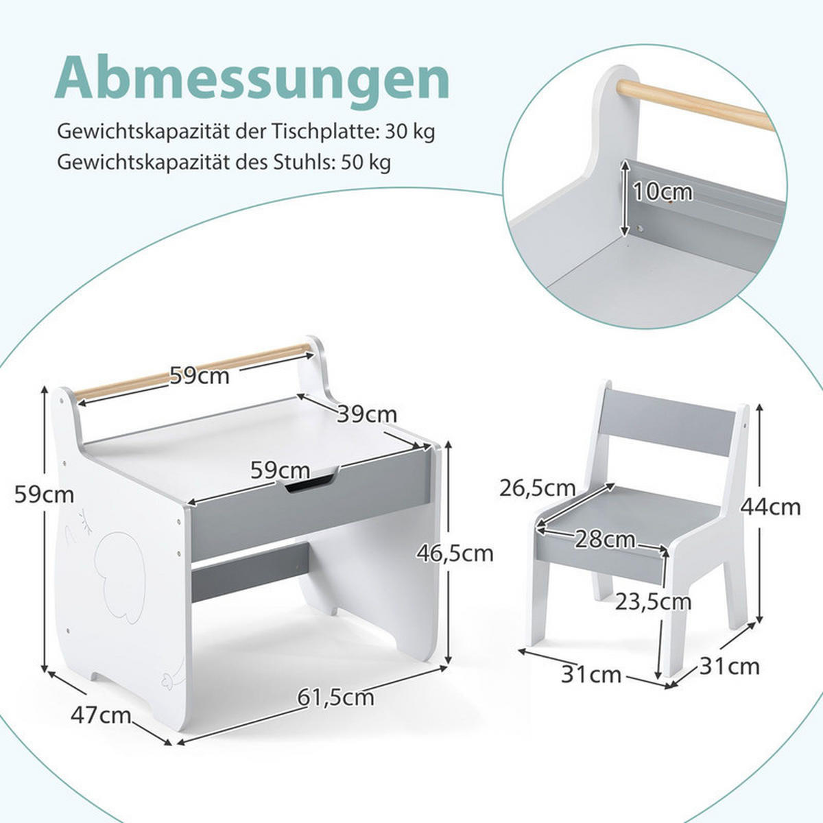 KINDERTISCH mit Stuhl grau(2-tlg) - Grau, Holzwerkstoff (61.5/59/47cm) - COSTWAY