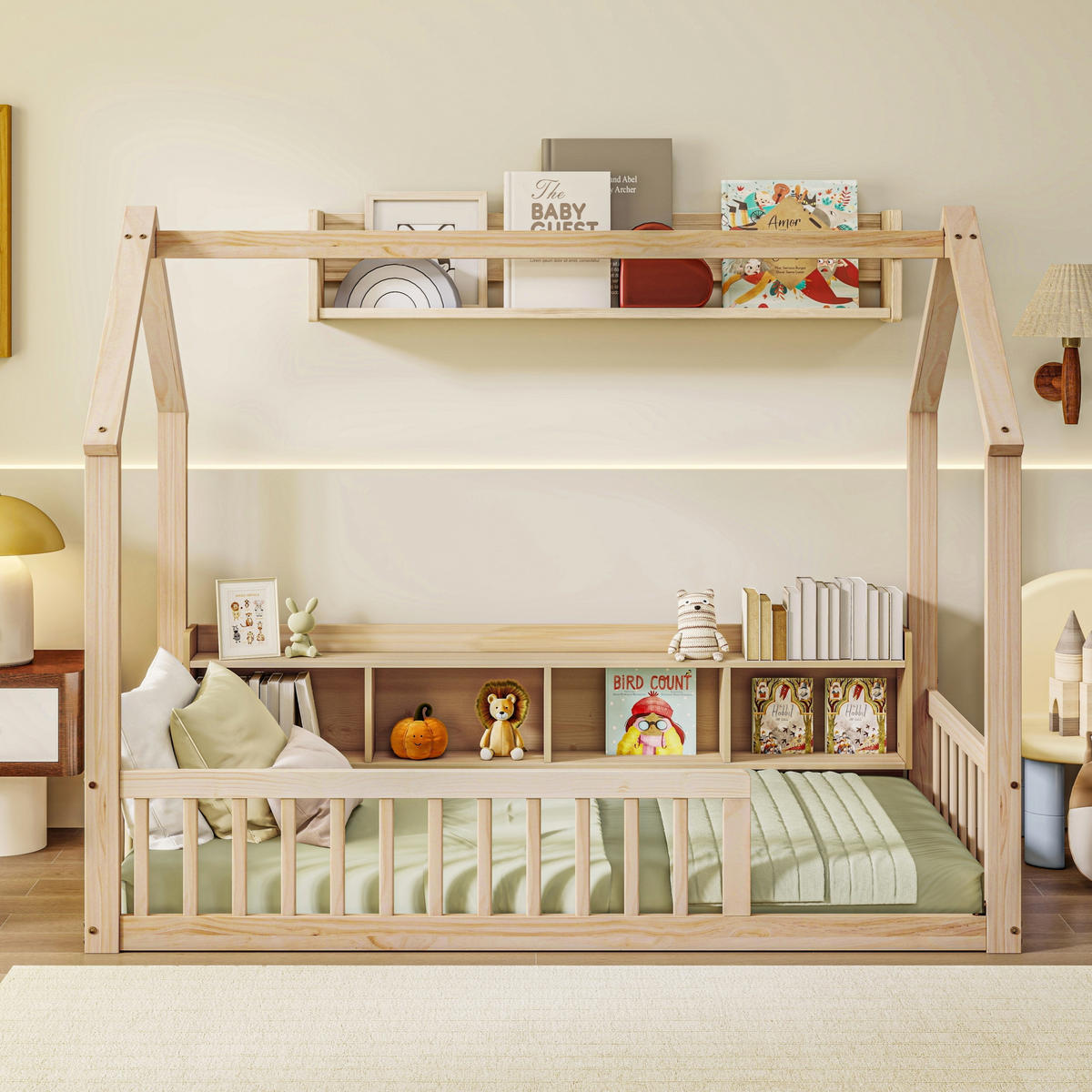 HAUSBETT 90/200 cm mit Ablagefächern, DE-41877, in Natur - Naturfarben, Holz (90/200cm) - ComfortXL