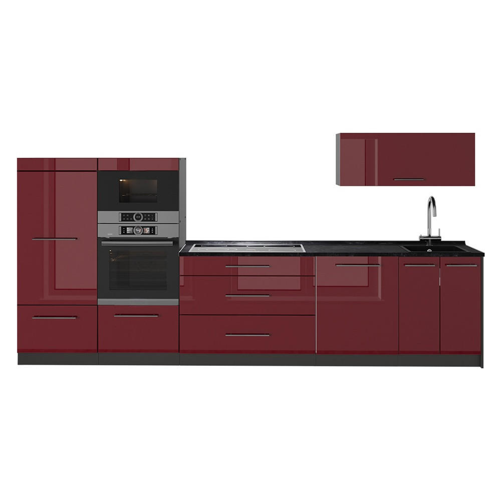 KÜCHENZEILE Fame-Line, Bordeaux Hochglanz/Anthrazit, 340 cm ohne Arbeitsplatte - Bordeaux/Anthrazit, Holzwerkstoff (340/153.6/51.6cm) - Vicco