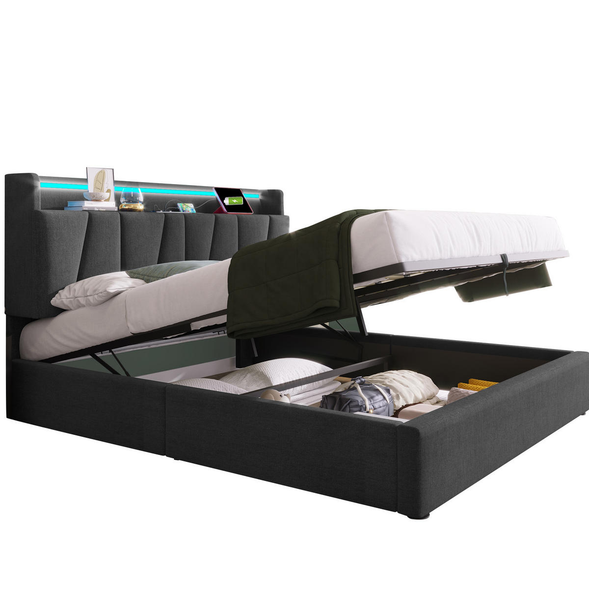 POLSTERBETT 140/200 cm Grau mit Stauraum und USB-Anschlüssen - Grau, Textil (140/200cm) - OKWISH