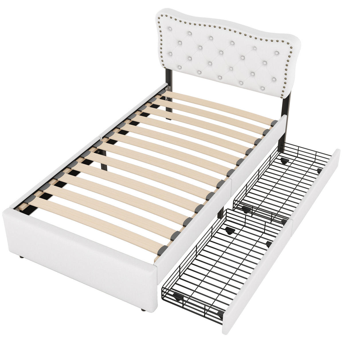POLSTERBETT 90/200 cm mit 2 Schubladen und gepolstertem Kopfteil, Hellbeige - Beige, Textil (90/200cm) - BEAOK