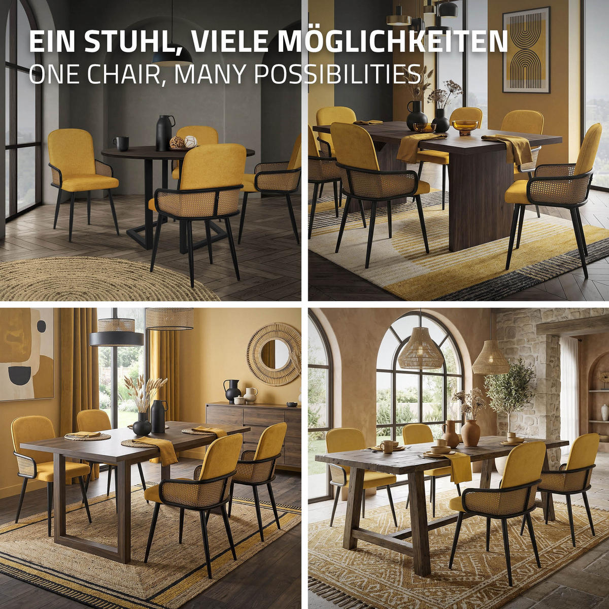 JÍDELNÍ ŽIDLE, sada 6 ks, hořčičná, s látkovým potahem, ratanový vzhled - černá/žlutá, kov/textil (51/91/61cm) - ML-DESIGN