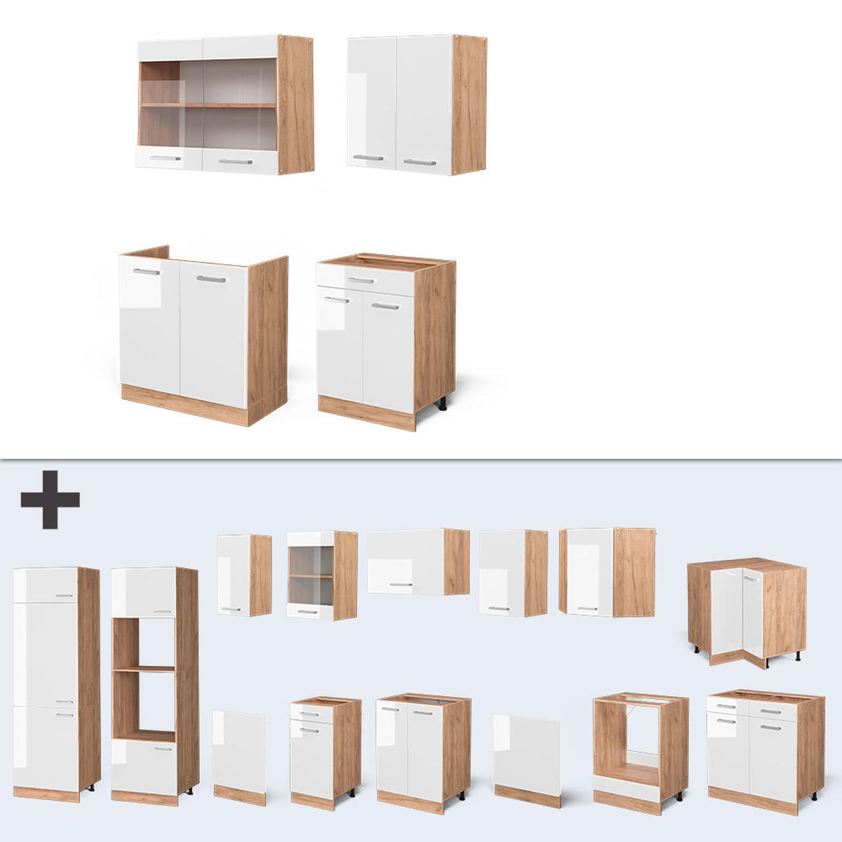 SINGLEKÜCHE R-Line Weiß Hochglanz/Goldkraft Eiche 140 cm, AP Marmor - Weiß Hochglanz/Eiche Wotan, Holzwerkstoff (140/81.6/60cm) - Vicco