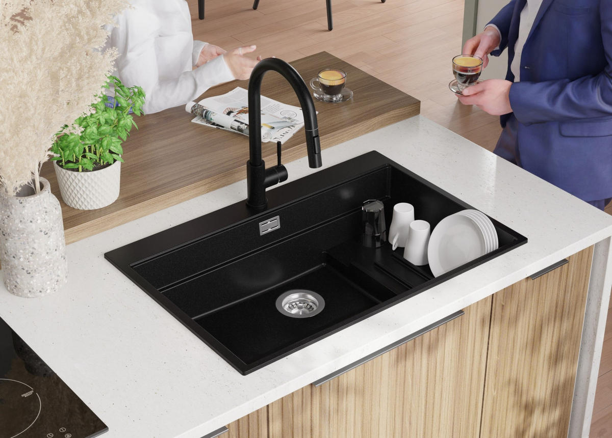 GRANITSPÜLE Oslo Max, 2-er set Schwarz 78/53 cm 1 Becken + Küchenarmatur 40/38 cm + Ablauf-Set + Küchenzubehörset ab 80er Unterschrank - Chromfarben/Beige, Kunststoff (78/20/53cm) - Primagran