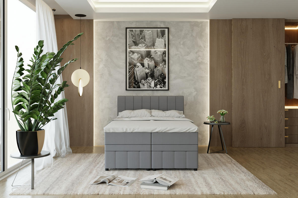 BOXBETT AVALON 140 x 200 cm mit Bettkasten und Topper - Dunkelgrau - Dunkelgrau, Holz - Panda Möbel