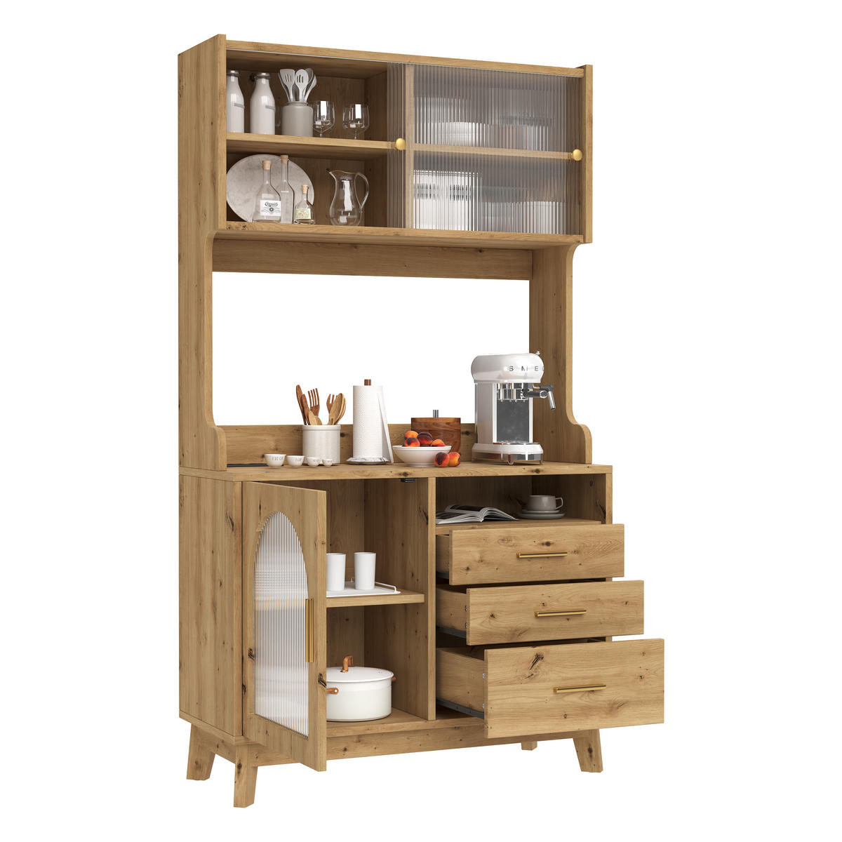 BUFFETSCHRANK 100,5x40x178 cm, 2 Steckdosen, USB-A/USB-C-Anschlüsse, Holzfarbe - Naturfarben, Holzwerkstoff (100.5/178/40cm) - FOHERE