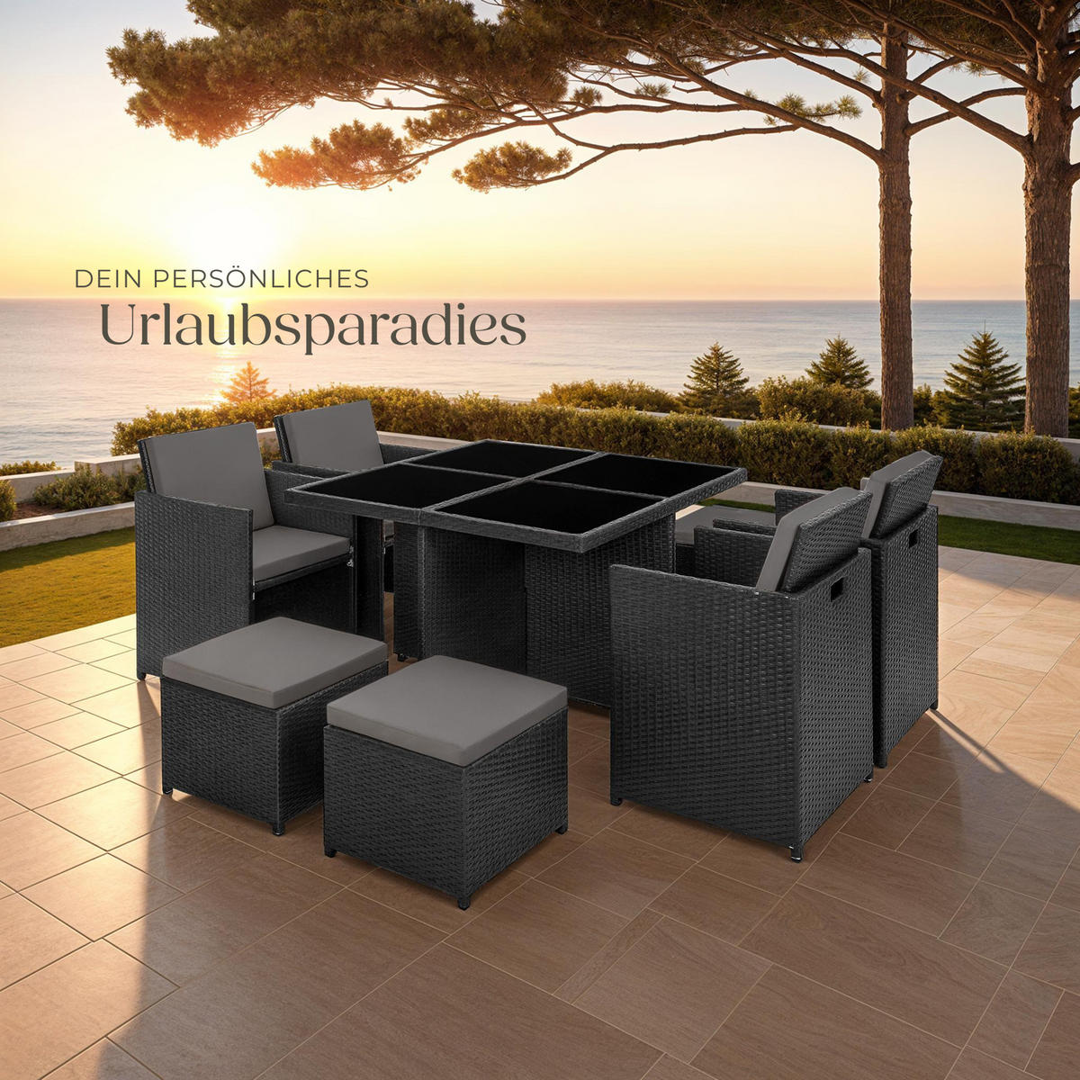 RATTAN SITZGRUPPE Manhattan,2 Bezugssets, zusammenschiebbar, inklusive Schutzhülle,schwarz - Schwarz, Kunststoff - tectake