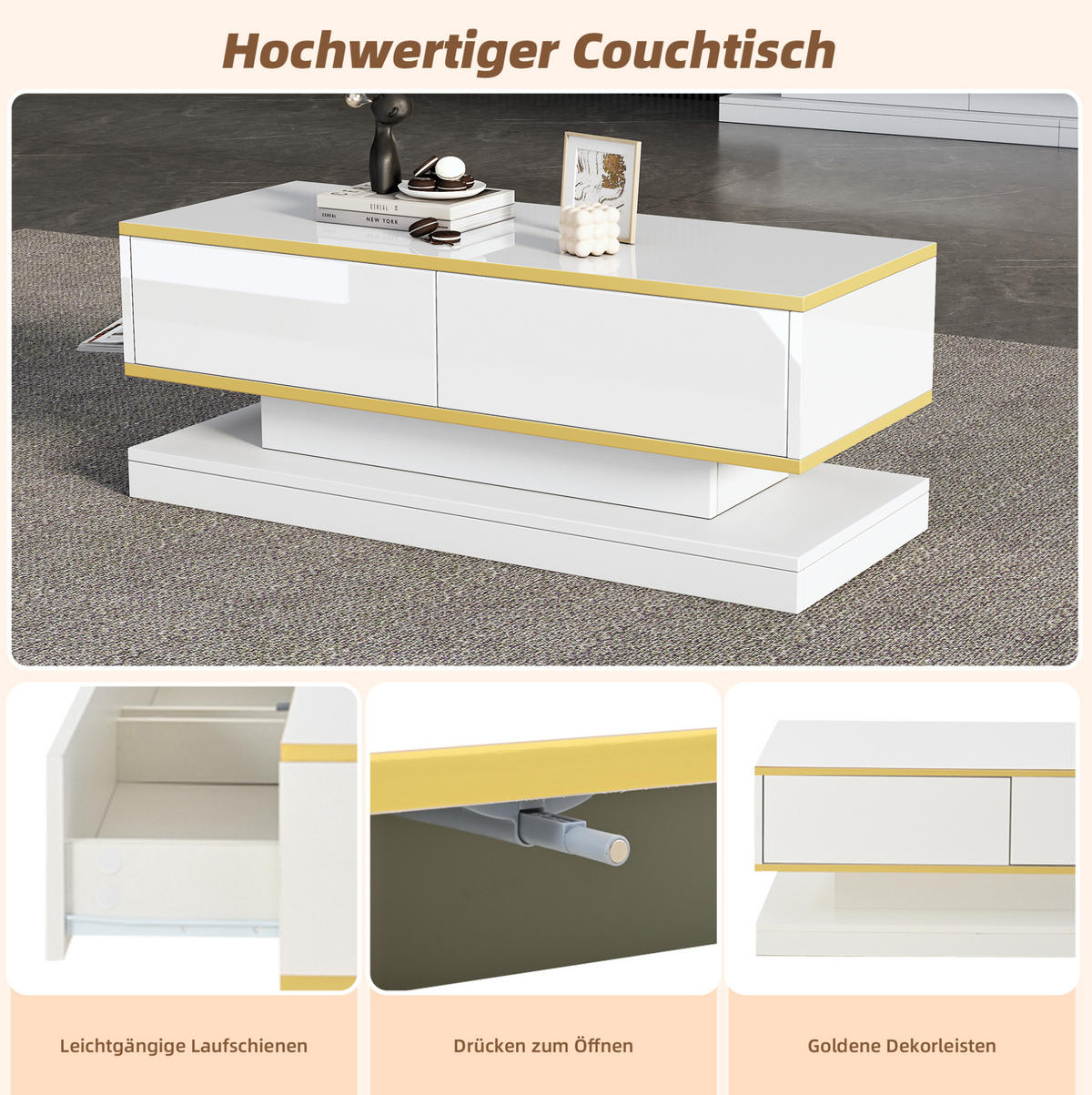 COUCHTISCH aus Spanplatte 100x50x38 cm Warmweiß mit Goldrand und 2 Schubladen - Weiß, Holzwerkstoff (100/50/38cm) - IVMEU