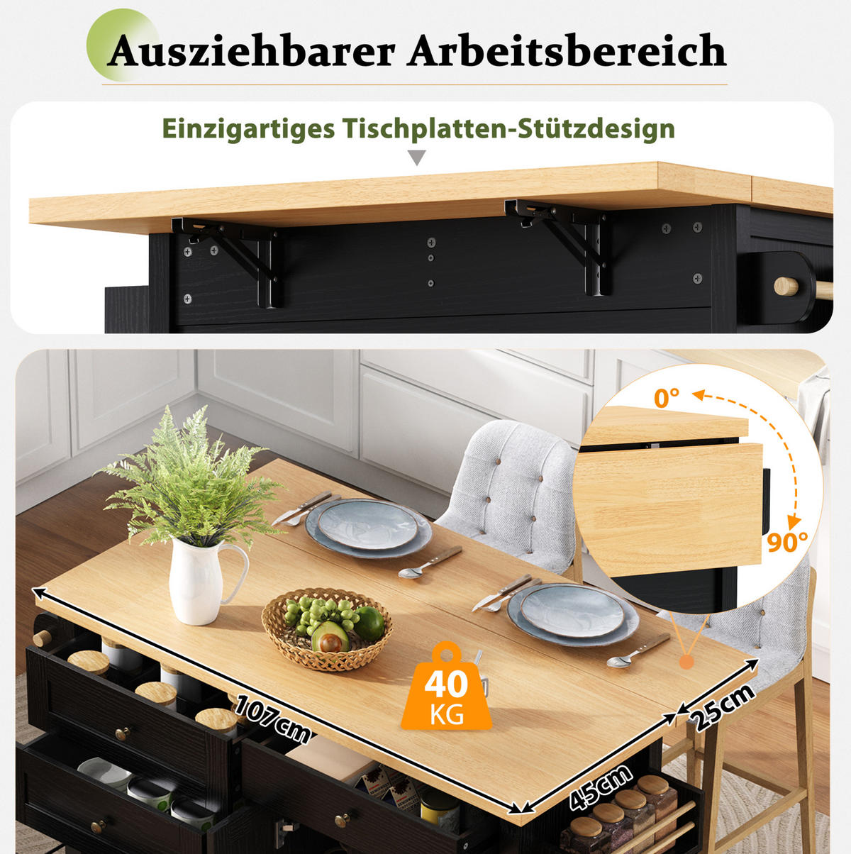 KÜCHENINSEL mit Ausziehplatte 107 x 45-70 x 90,5 cm Schwarz/Natur - Schwarz, Holz (45/90.5/107cm) - Beauniv