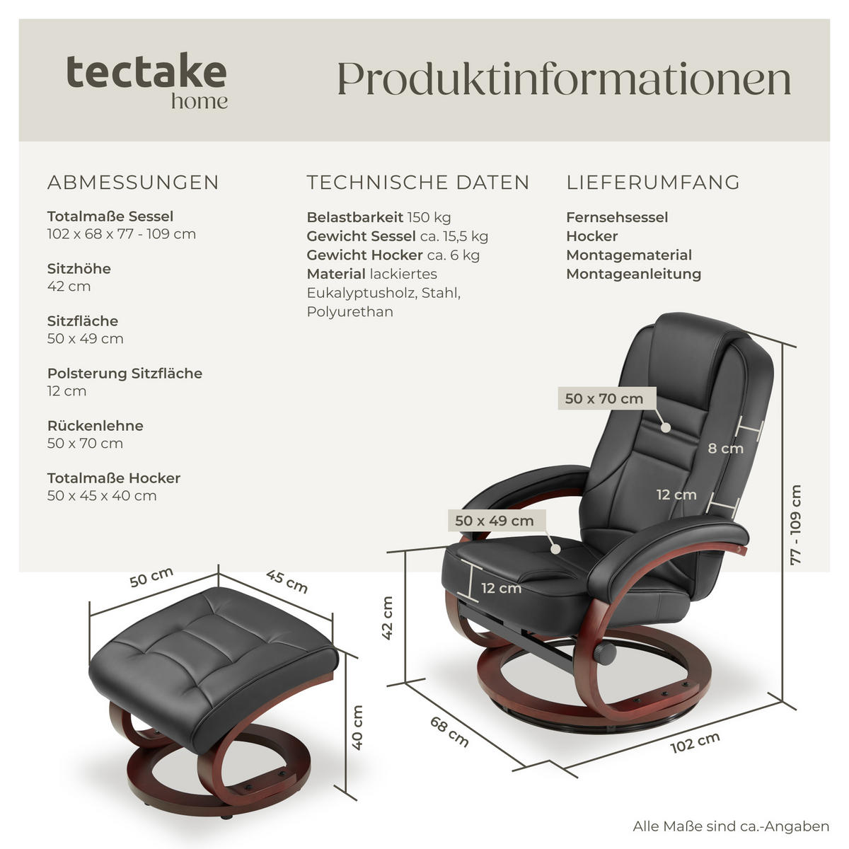 FERNSEHSESSEL Willy,Belastbarkeit 150 kg,schwarz/braun - Schwarz/Braun, Textil (68/102/109cm) - tectake