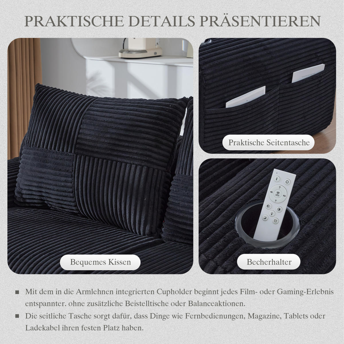 WOHNLANDSCHAFT 333/174/80 cm in Schwarz, modular mit 2 Hockern und Getränkehalter - Schwarz, Textil (174/80/333cm) - Flora Grace