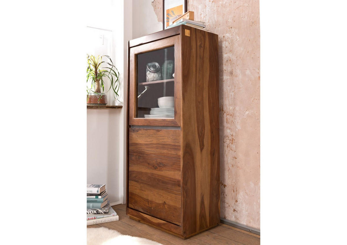VITRINE Sheesham 63x40x147 noble unique lackiert SYDNEY #105 - Braun, Holz (63/147/40cm) - Massivmoebel24