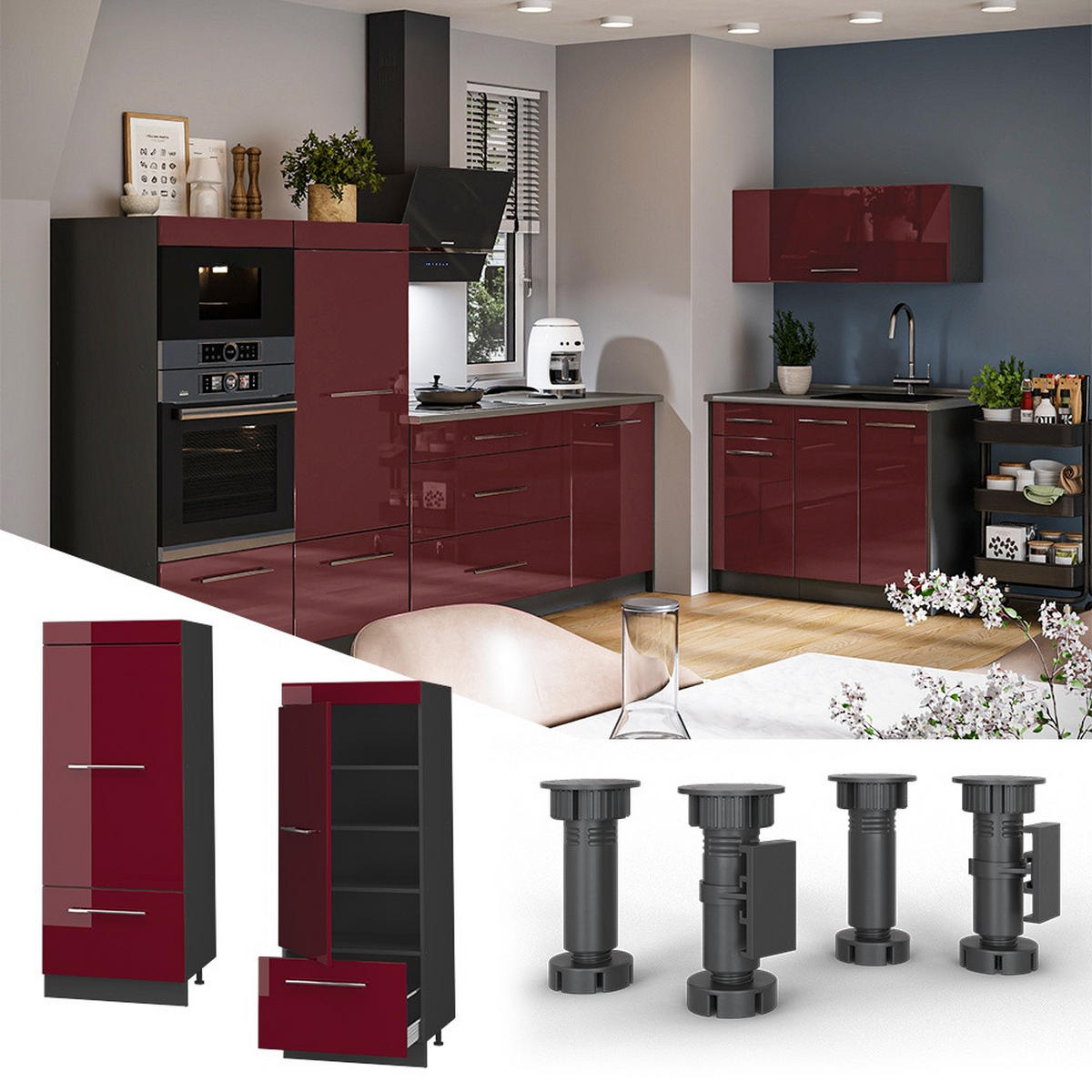 DULAP CĂMARĂ PENTRU BUCĂTĂRIE Fame-Line, Bordeaux lucios ridicat/antracit, 60 cm - bordo/antracit, compozit lemnos (60/153.6/58.1cm) - Vicco