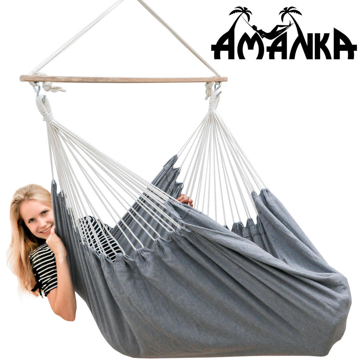 XXL-HÄNGESESSEL bis 150kg, 185/130cm, Grau - Grau, Textil (130/155/185cm) - Amanka
