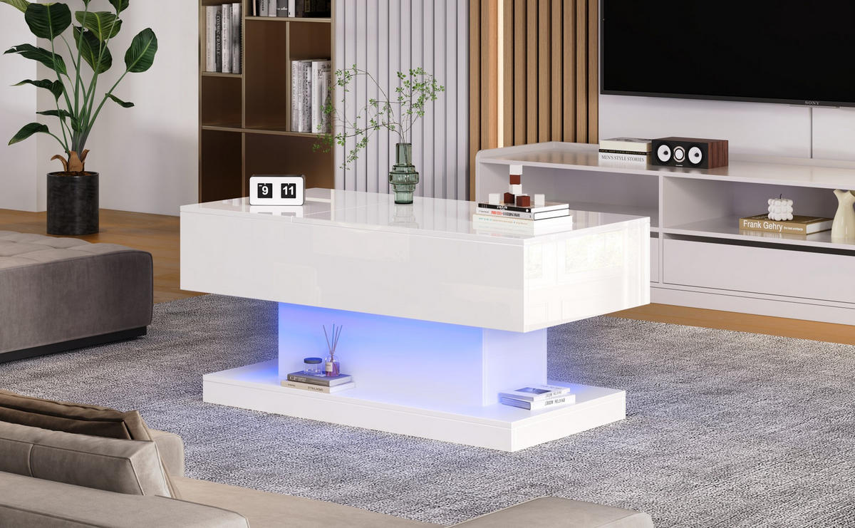 KONFERENČNÍ stolek 100/50/45 cm bílý z dřevotřísky s hydraulickým zdvihem posuvnou deskou a LED - bílá, kompozitní dřevo (100/50/45cm) - OKWISH